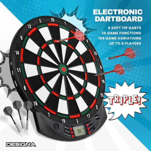 Designa Electronic Soft Tip Dartboard - 6 darts - upto 8 players