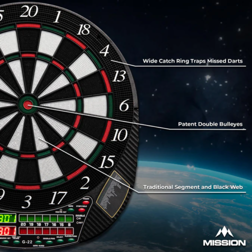 Mission G220 Electronic Dartboard - Professional Soft Tip - 16 players - 28 Games - inc 4 Sets of Darts